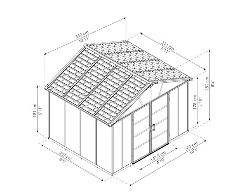 Palram - Canopia Yukon Outdoor Storage Shed 11' x 9' Gray for Backyard, Patio, Garden, Tools, Bikes, Lawnmower, Durable, Weather, Water, Snow, Rust Resistant Aluminum Frame - Image 4